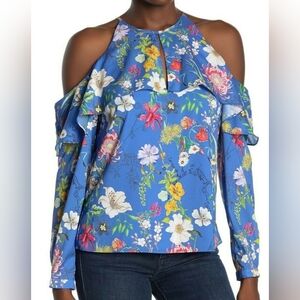 BN Parker Suzette blue floral long sleeve ruffle cold shoulder top